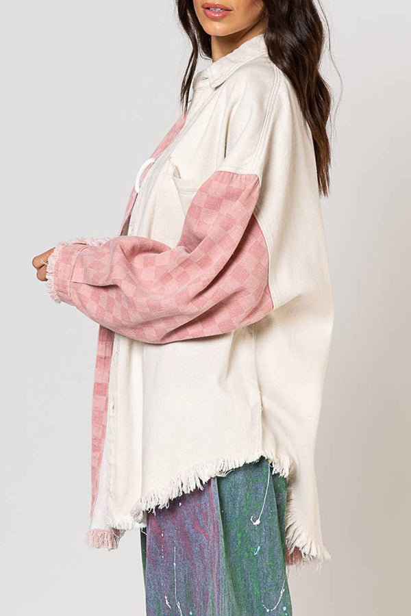 Check Panel Fringe Denim Jacket