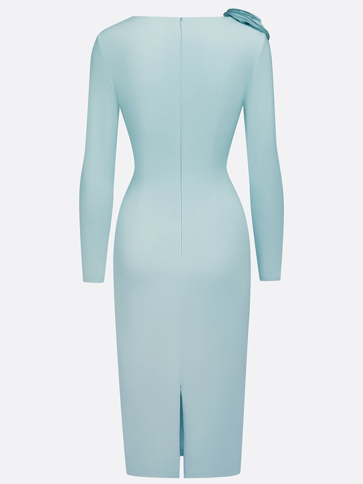 Light Blue 3D Floral Ruched Knit Asymmetrical Long Sleeve Sheath Midi Dress