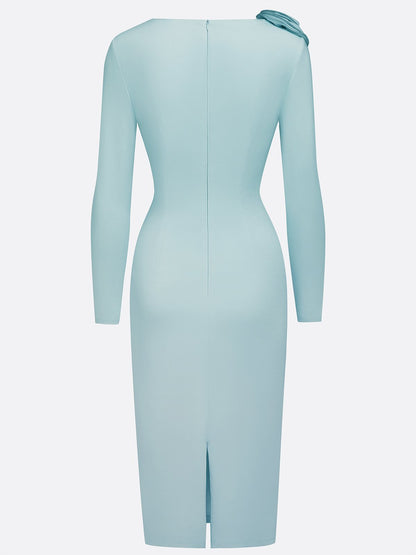 Light Blue 3D Floral Ruched Knit Asymmetrical Long Sleeve Sheath Midi Dress