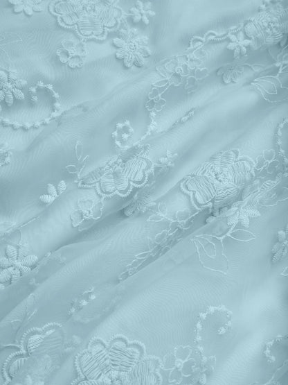 Light Blue Bow Embroidery Classic V Neck Sleeveless A-Line Midi Dress With Pockets