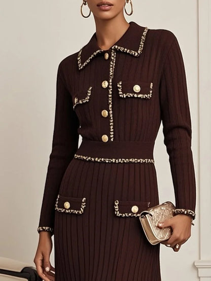 Red Brown Piping Buckle Sweater Lapel Collar Long Sleeve A-Line Midi Dress