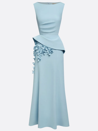 Light Blue 3D Floral Classic Boat Neck Sleeveless Sheath Gown Dress