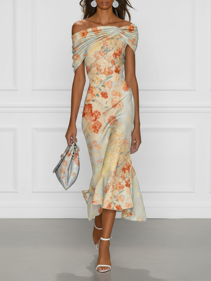 Light Blue Floral Classic Off The Shoulder Short Sleeve Mermaid Midi Dress