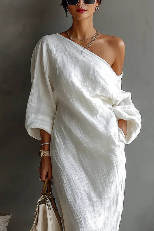 White One-shoulder Flowing Elegant Maxi Dress