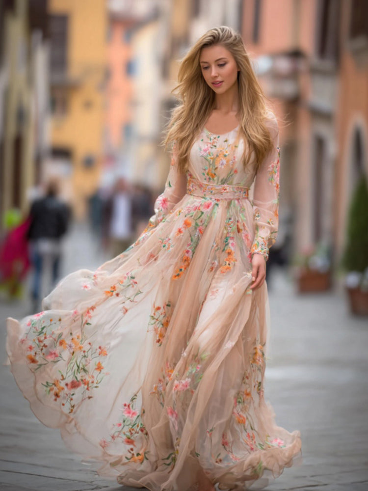 Women's Floral Art Comfort Linen Long-sleeved Dress