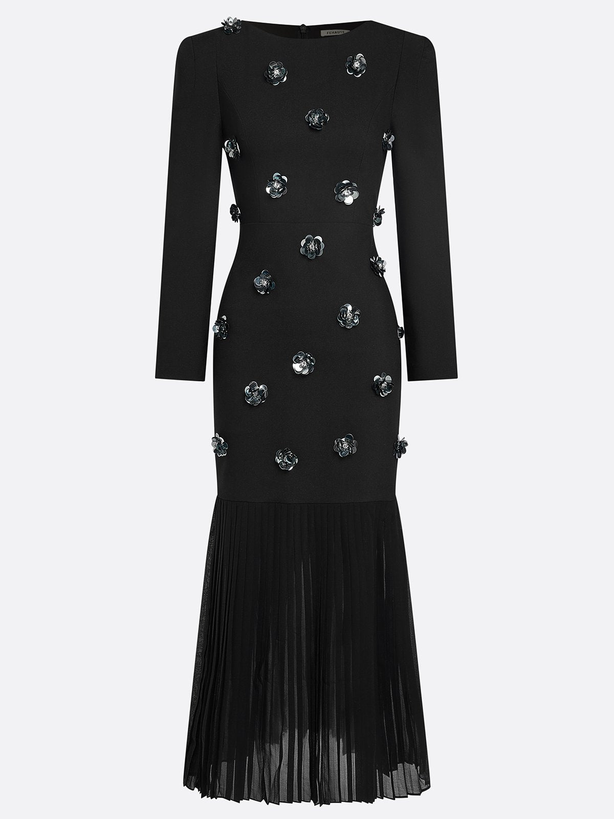 Black Pleated 3D Floral Classic Boat Neck Long Sleeve Mermaid Maxi Dress