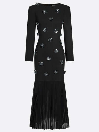 Black Pleated 3D Floral Classic Boat Neck Long Sleeve Mermaid Maxi Dress