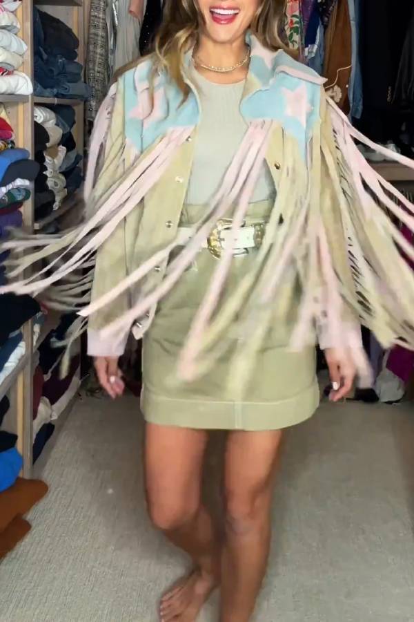 Color-Blocked Fringe Western-Style Jacket
