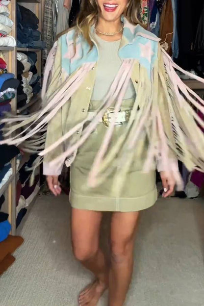 Color-Blocked Fringe Western-Style Jacket