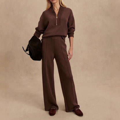 Meet The Autumn Ribbed Zipper Neck Sweatshirt and Elastic Waist Pocketed Loose Pants Set