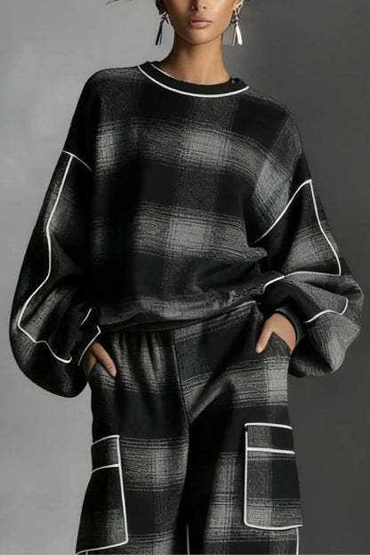 Black and Gray Plaid Color-blocked Sweatshirt and Casual Pants Two-piece set