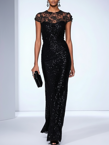 Black 3D Floral Lace Sequin Crew Neck Short Sleeve Sheath Maxi Dress