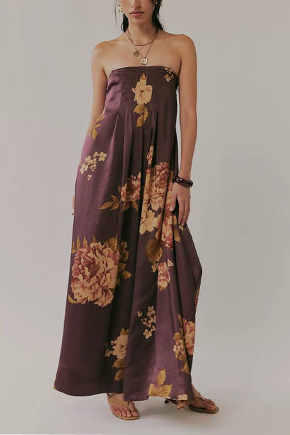 Multi-Color Floral Print Strapless/Spaghetti Strap Draped Maxi Dress