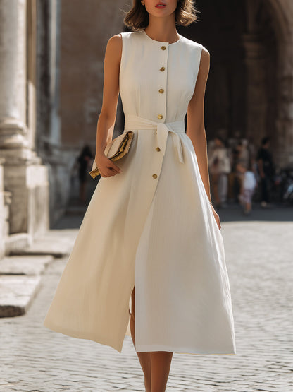 Sleeveless Button-Front Wrap-Style Midi Dress With Tie Waist