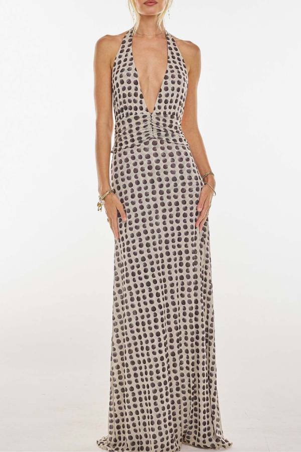 Halter-Neck Deep V Backless Printed Maxi Dress