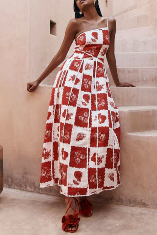 Linen Blend Unique Print One Shoulder Flared Maxi Dress