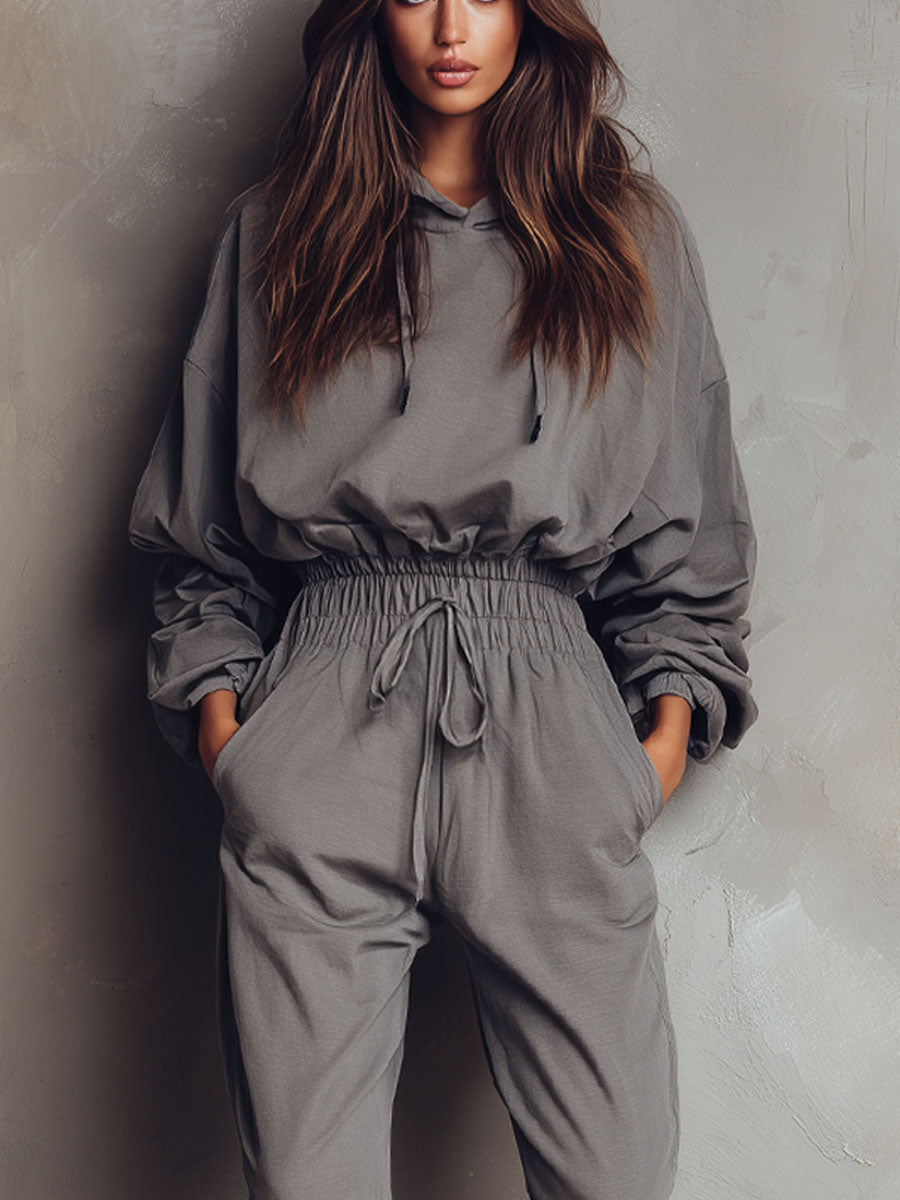 Loose Grey Hooded Long-sleeved Elastic Waist Sports Jumpsuit
