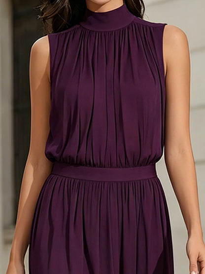 Sleeveless High Neck Midi Dress With Pleated Bodice