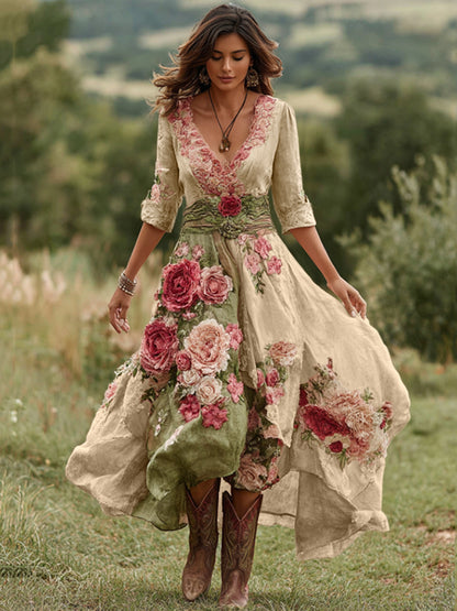 Women's Vintage Floral Art V Neck Linen Blend Maxi Dress 10e8