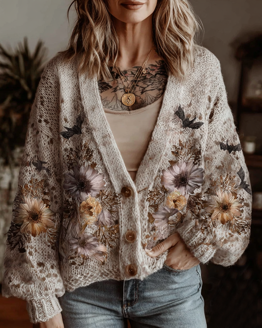Women's Halloween themed floral and bat embroidered knitted cardigan da21