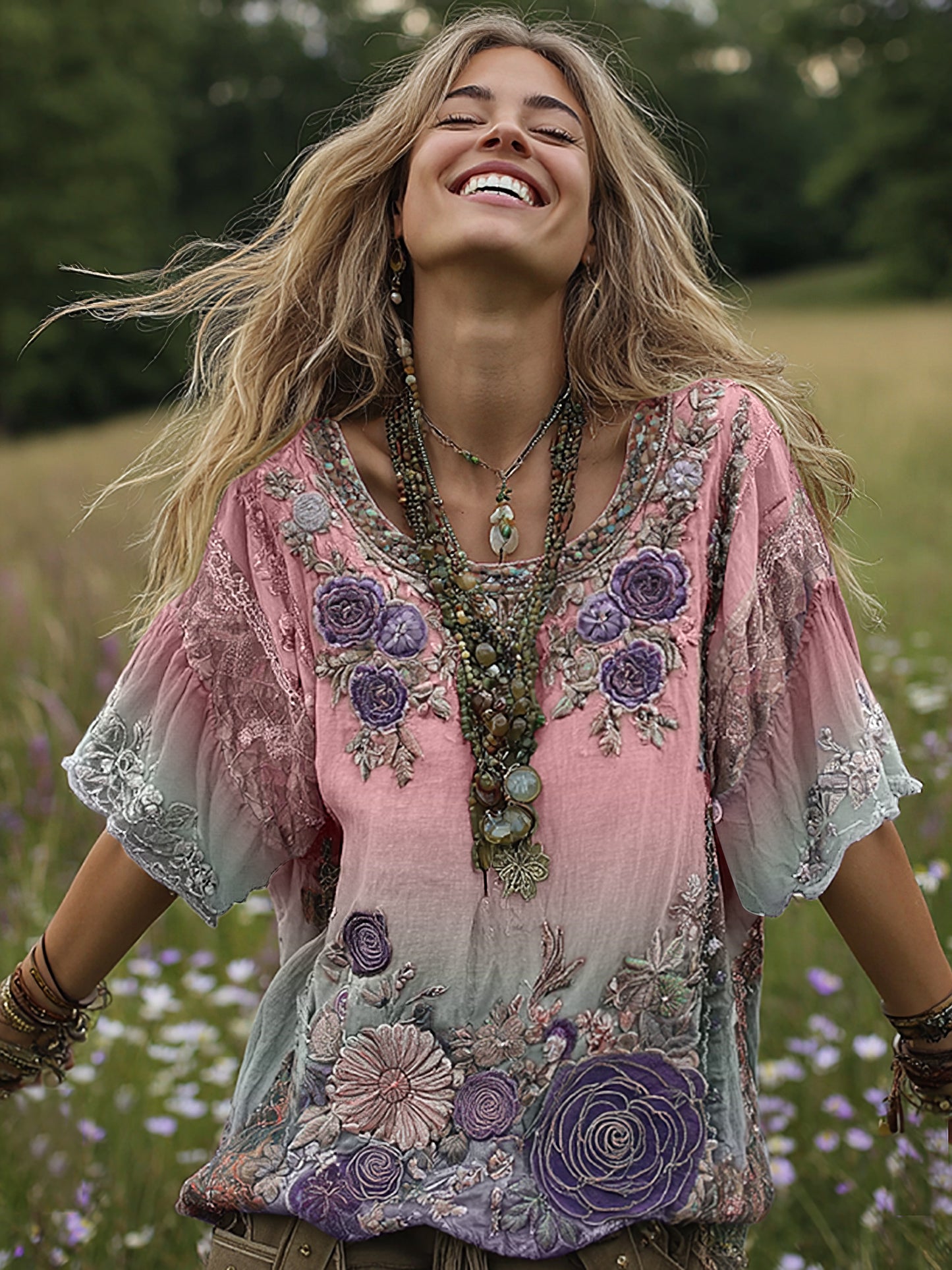 Classy Gradient Purple Lavender And Floral Embroidered Linen Short Sleeve T-shirt 2a25