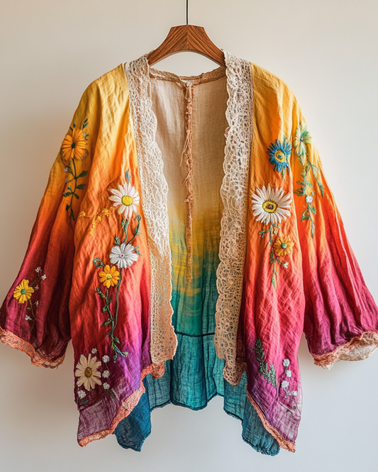 Summer Rainbow Gradient Daisy Embroidered Cardigan 2f4b