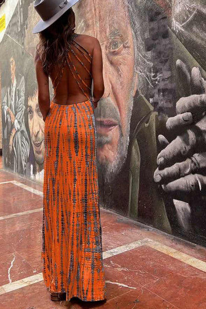 Modern Day Tie-dye Print Back Lace-up Stretch Maxi Dress（With built-in bra）