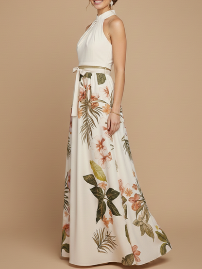 Beige Bow Satin Halter Floral Sleeveless A-Line Maxi Dress