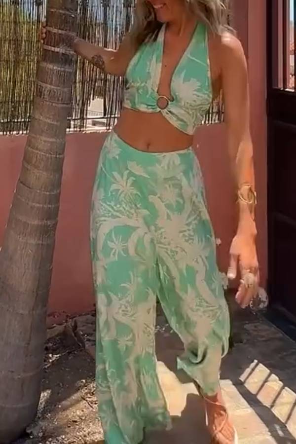 Mint Green Tropical Print Halter Neck Wide-Leg Pants Set