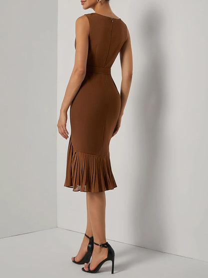 Brown Pleated Slit Classic Boat Neck Sleeveless Mermaid Midi Dress
