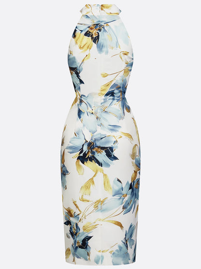 Blue Floral Satin Halter Sleeveless Sheath Midi Dress