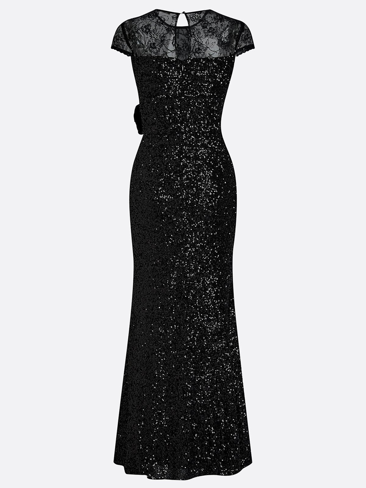 Black 3D Floral Lace Sequin Crew Neck Short Sleeve Sheath Maxi Dress