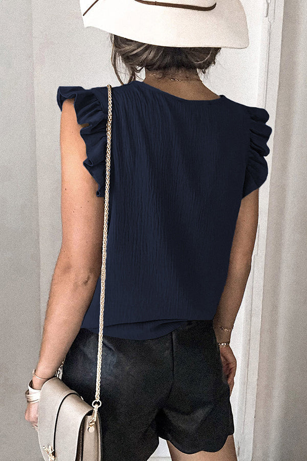 Casual T-shirt Solid V-neck Pullover Ruffle Sleeve Top