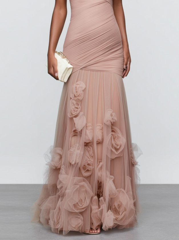 Pink 3D Floral Ruched Tulle Strapless Sleeveless Mermaid Gown Dress