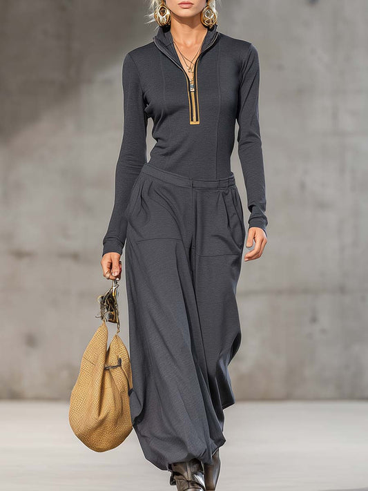 Casual Retro Sports Dark Gray Half-high Collar Front Zipper Long-sleeved Top And Wide Pants Set