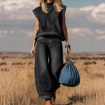 Retro Western-inspired Sleeveless Relaxed-fit Top Paired With High-waisted Wide-leg Jeans