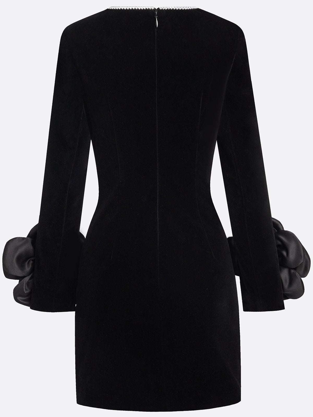 Black 3D Floral Rhinestone Velvet Crew Neck Long Sleeve Sheath Mini Dress