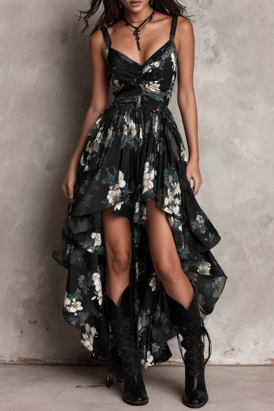 Black Bohemian Floral Print Irregular Strapless Maxi Dress