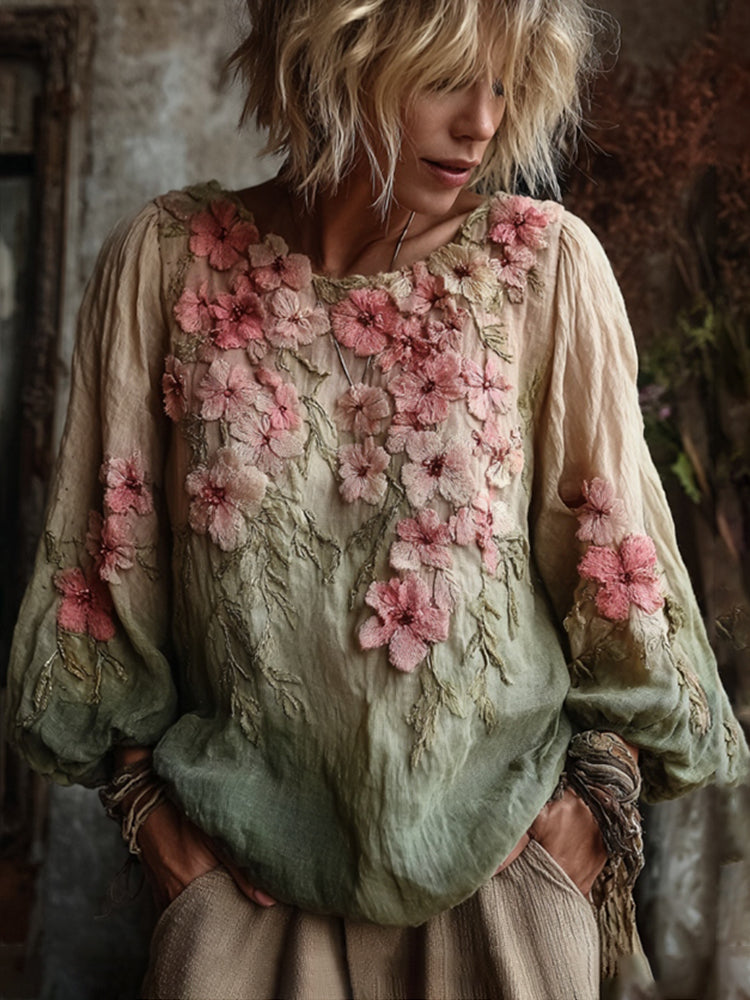 Vintage Cherry Blossom Gradient Linen Long Sleeve Shirt