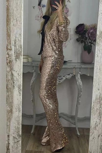 Holiday Cheer Sequin High Rise Elastic Waist Flared Stretch Pants