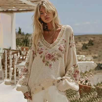 Women's Vintage Rose Floral Patchwork Art Cozy V Neck Sweater