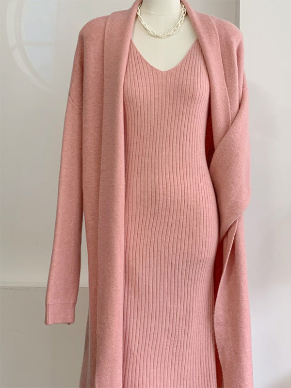 V-Neck Pullover Dress & Sweater Cardigan Set