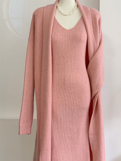 V-Neck Pullover Dress & Sweater Cardigan Set