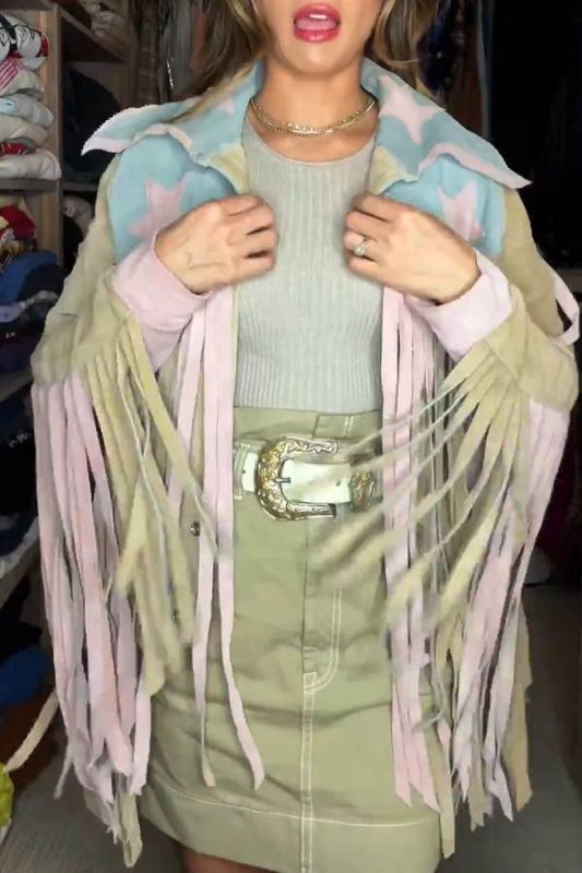 Color-Blocked Fringe Western-Style Jacket