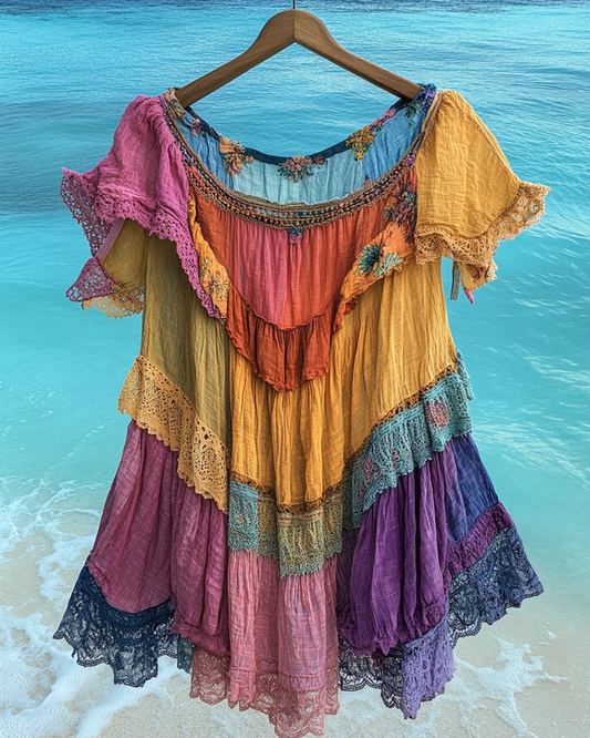 Summer colorful vacation patchwork contrast top bd90