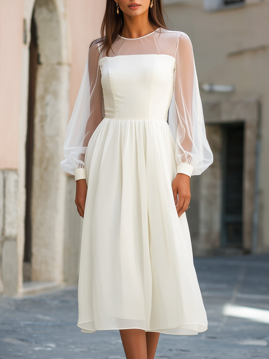 Sheer Sleeve Empire Waist Flowing Midi Dress