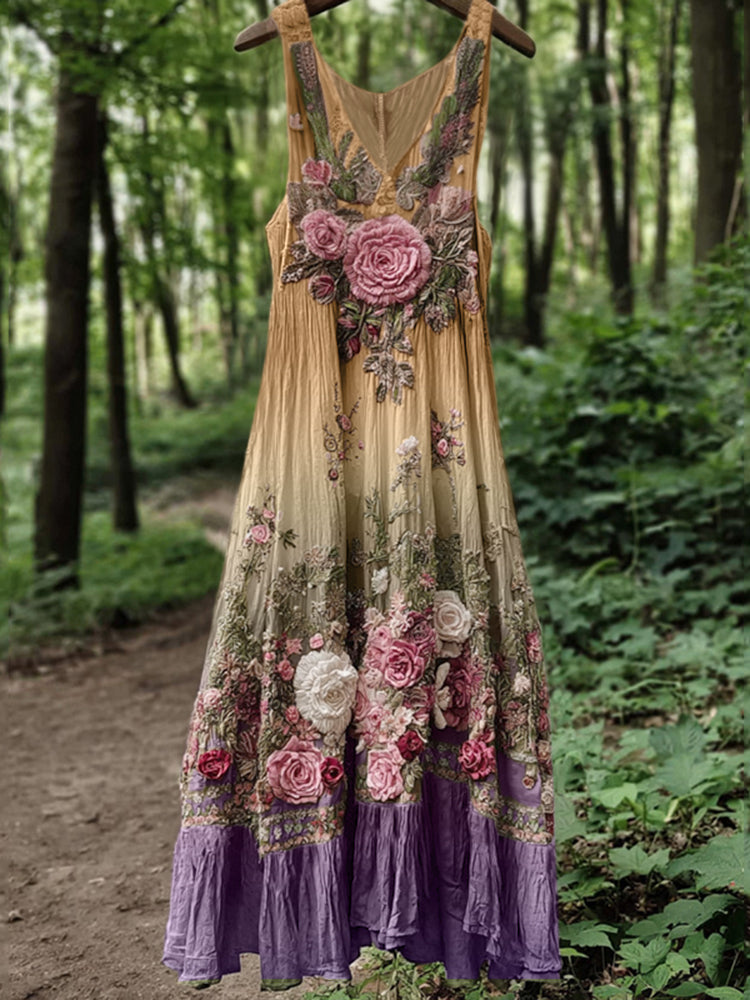 Vintage Classy Boho Gradient Pink Roses Embroidered Linen Maxi Dress 3fee