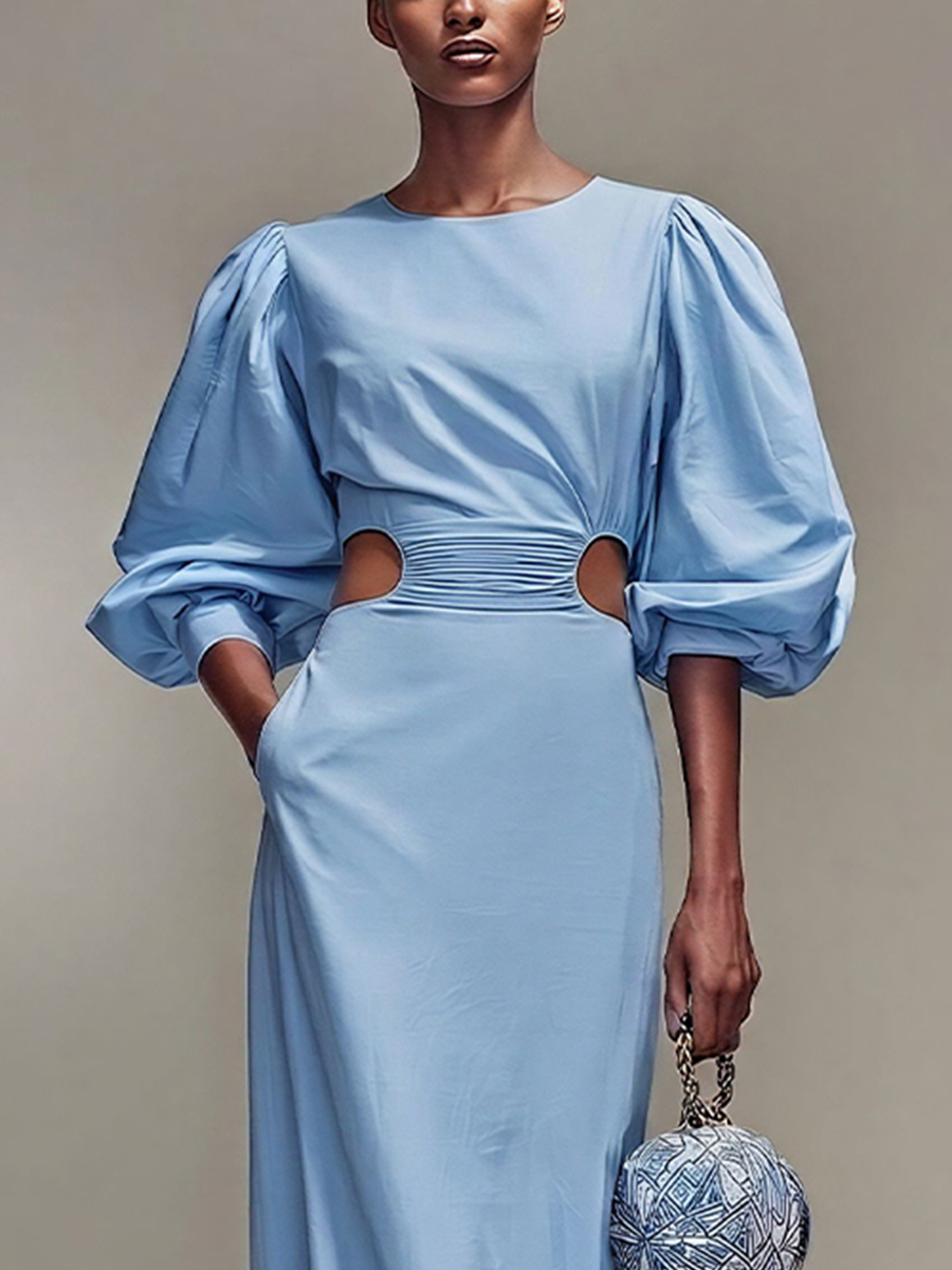Women’s Sky Blue Satin Round Neck Balloon Sleeve Ruched Waist Cutout Maxi Dress MDZ2467D8T