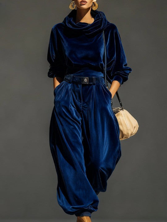 Vintage brown velvet hoodie and loose-fitting trousers set