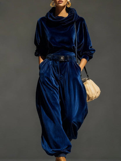 Vintage brown velvet hoodie and loose-fitting trousers set
